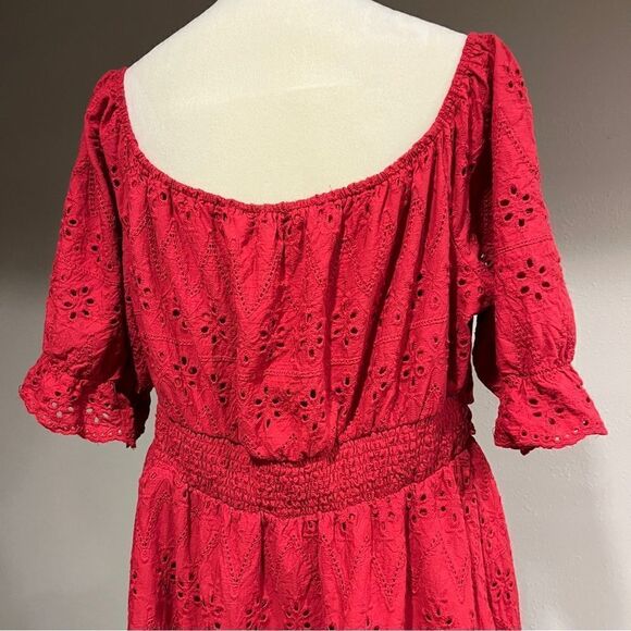 Plus size red eyelet embroidery mini dress with short sleeves - Picture 8 of 14